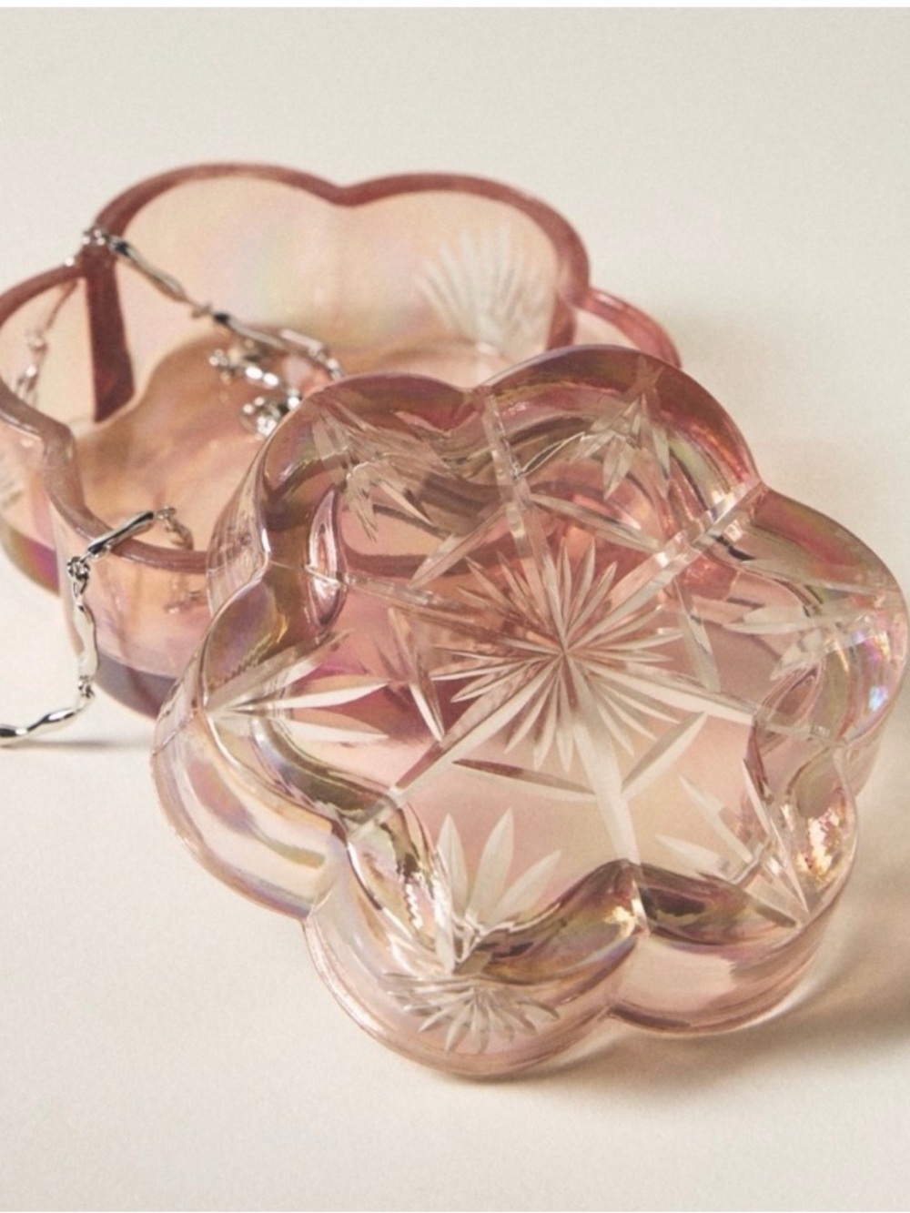 Anthropologie Iridescent Pink Glass Floral Trinket Box